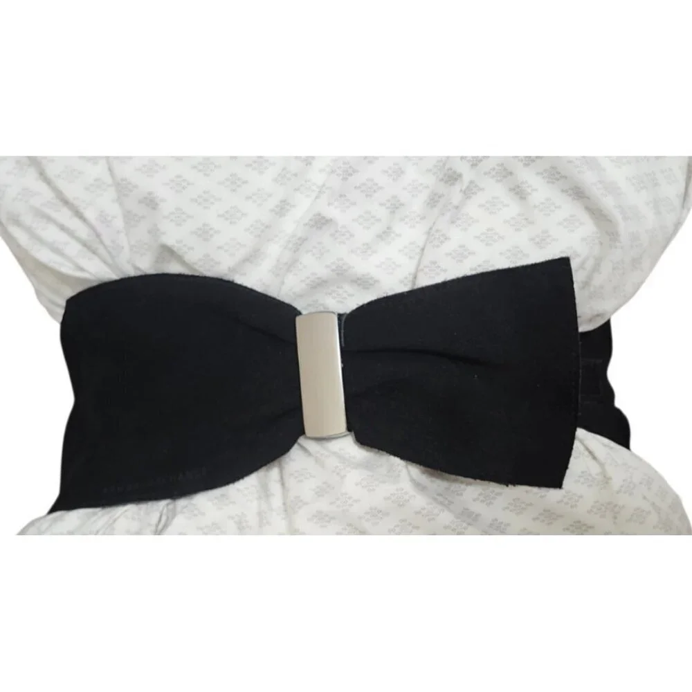 Armani Exchange XS/S Black Suede Leather Elastic Waist Belt Silver Hardware